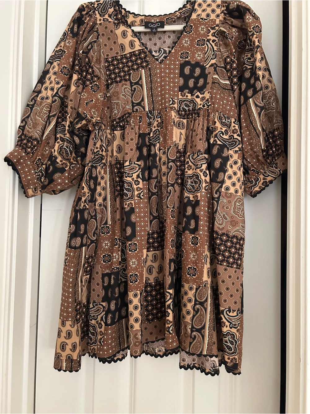 Patchwork Paisley Mini Dress in Brown and Black - Picture 8 of 9